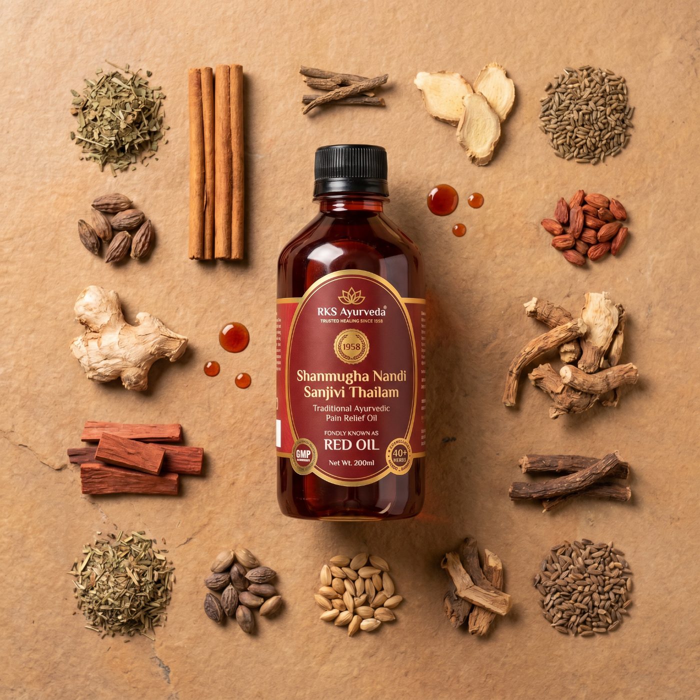 RKS Ayurveda Red Oil bottle surrounded by 40+ Ayurvedic herbs, seeds and barks