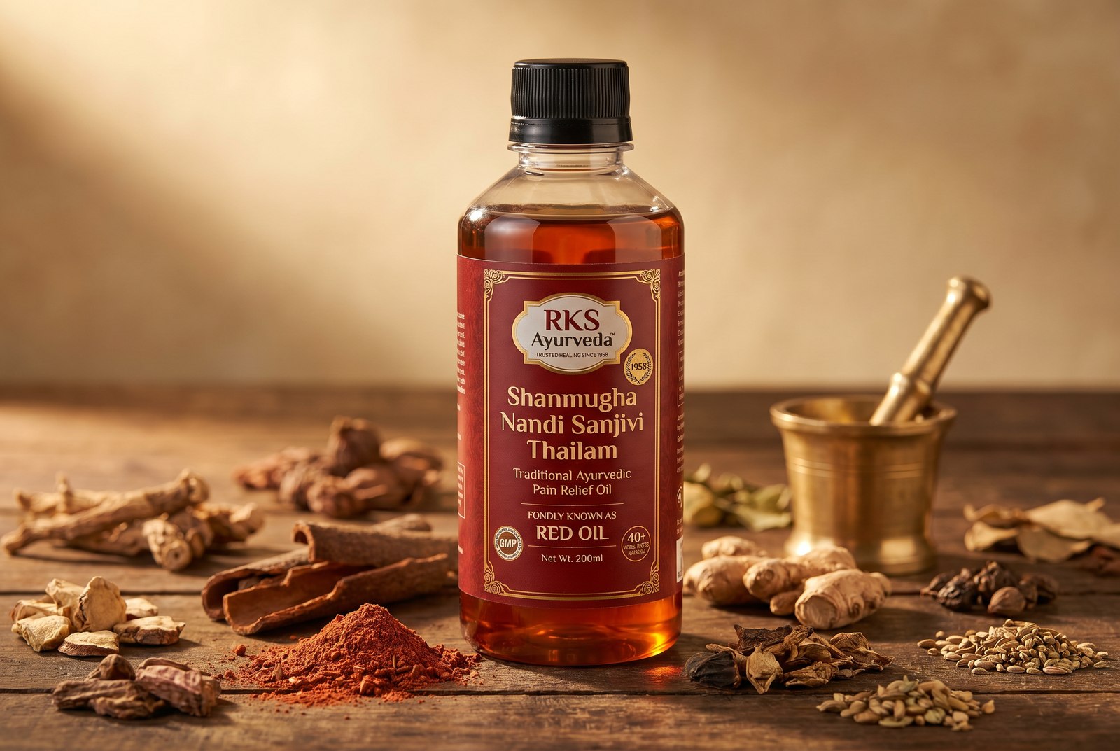 200ml bottle of Shanmugha Nandi Sanjivi Thailam on a wooden table with dried roots, barks, spices and a brass mortar and pestle